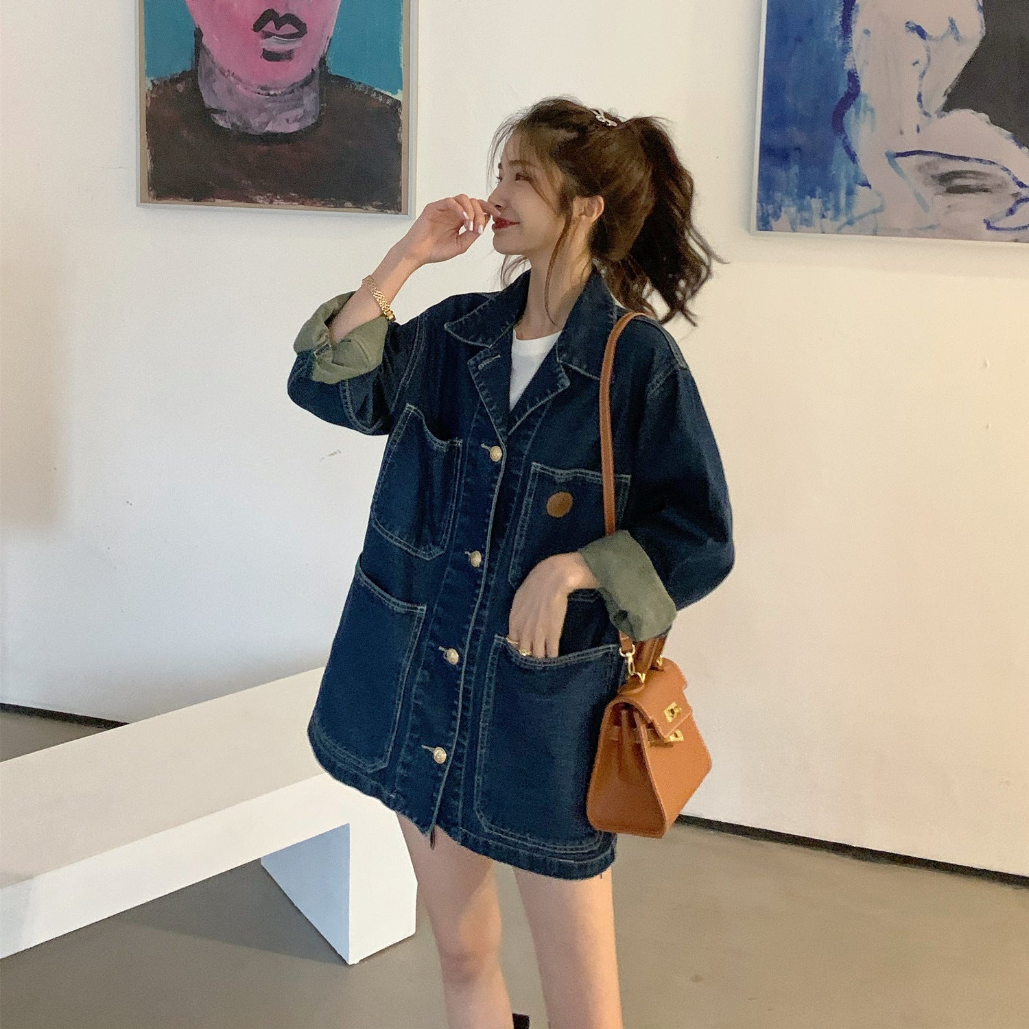 Denim Coat Women''s Spring And Autumn Korean Loose Lapel cardigan Medium Length Long Sleeve Top