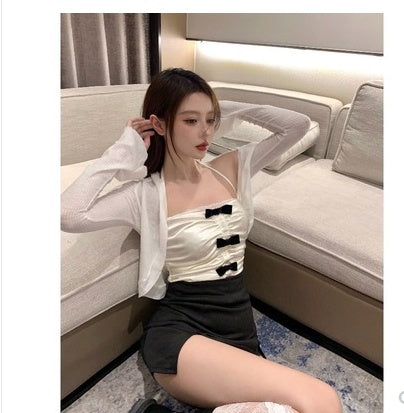 Suspender Vest Women''s Summer Design Short French Sexy Hot Girl Bow Lace Top