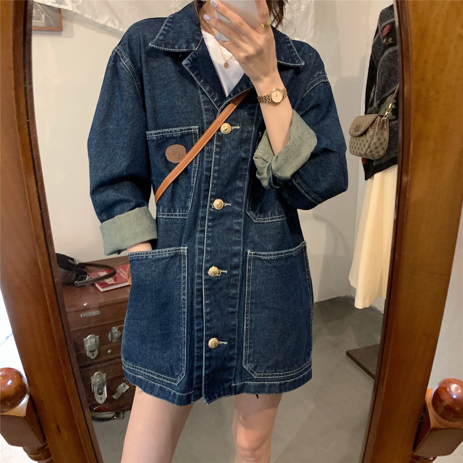 Denim Coat Women''s Spring And Autumn Korean Loose Lapel cardigan Medium Length Long Sleeve Top