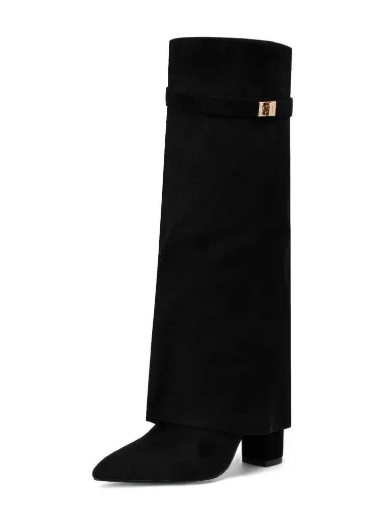 Black knee-high boot with a gold buckle on a white background