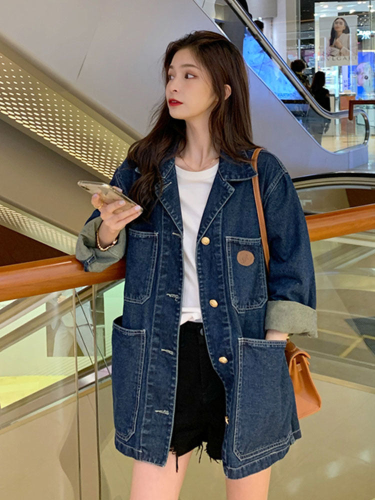 Denim Coat Women''s Spring And Autumn Korean Loose Lapel cardigan Medium Length Long Sleeve Top