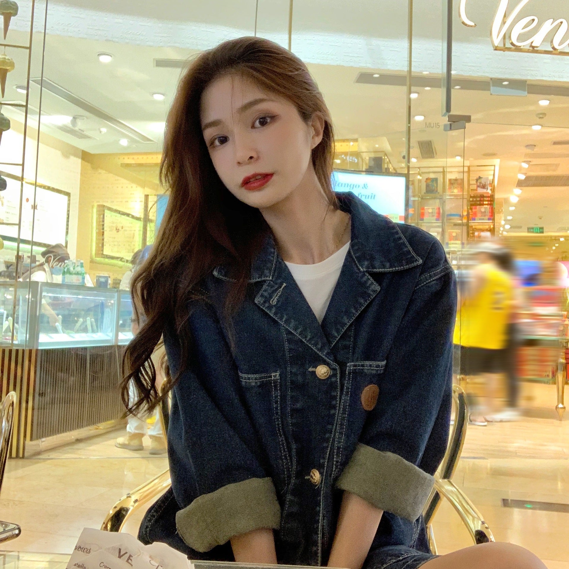 Denim Coat Women''s Spring And Autumn Korean Loose Lapel cardigan Medium Length Long Sleeve Top