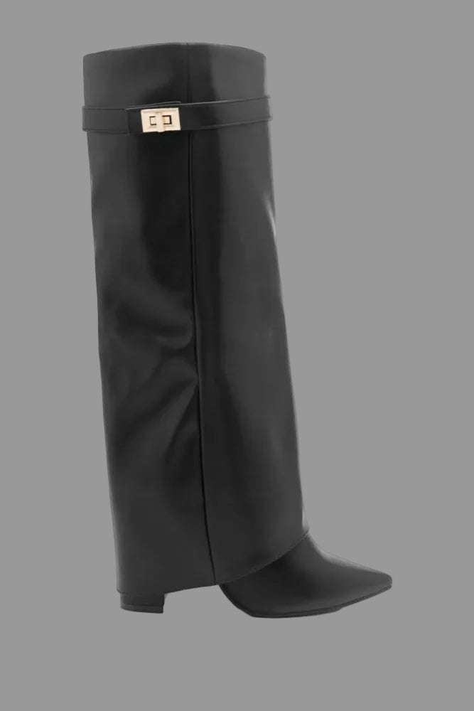 Black knee-high boot with a gold buckle on a light gray background